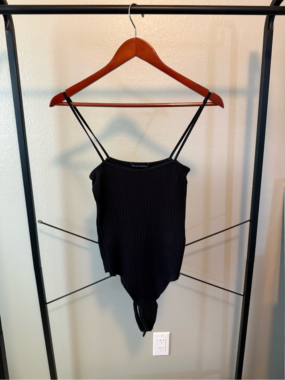 Brandy Melville Black Ribbed Spaghetti Strap Bodysuit